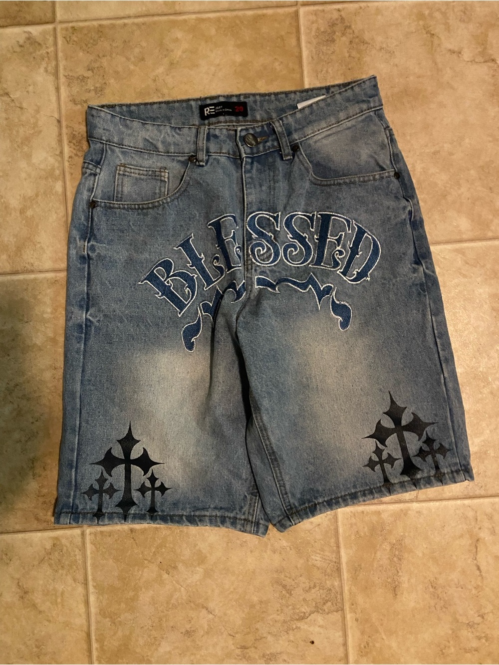 Men's Light Blue 'BLESSED' Graphic Denim Jean Shorts